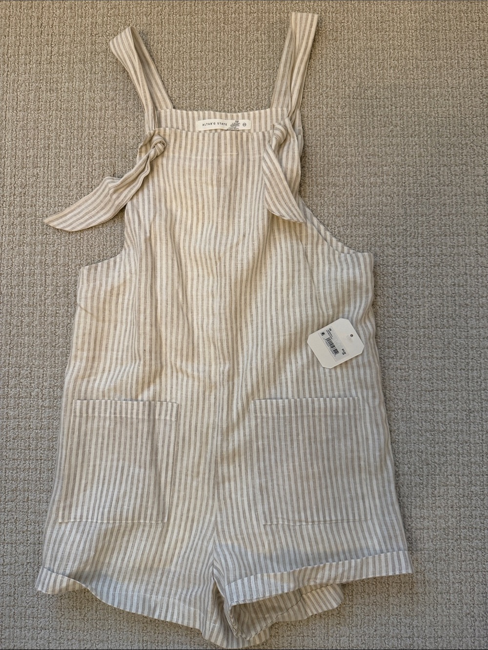 Altar’D State Striped Tie-Shoulder Linen-Blend Romper - Cream/Beige